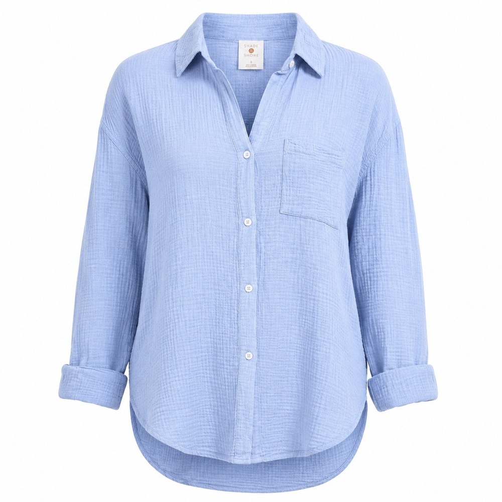Shade & Shore Womens Blue Double Gauze Cotton Button Down Shirt Cover Up Small